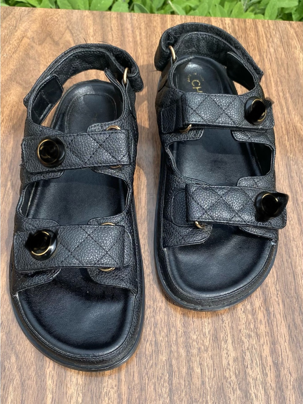 Black Quilted Strap Sandals with Gold Accents